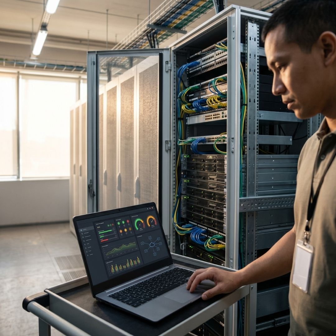 IT professional monitoring server infrastructure via laptop.