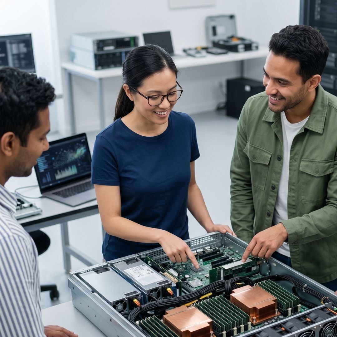 Collaborative team confidently inspecting internal server hardware solutions.