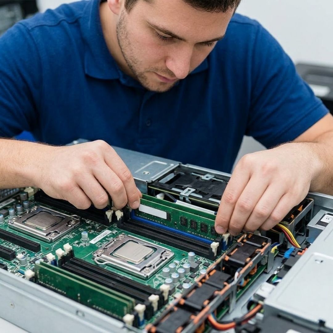 Technician meticulously installing refurbished server memory components.